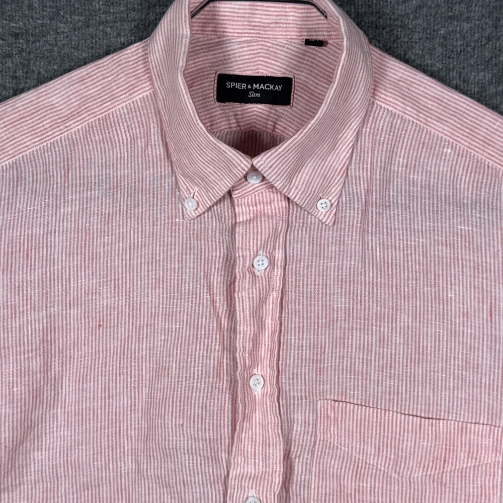 Spier & Mackay Shirt Mens 15.5 Pink Striped Slim Fit 100% Linen Button Down